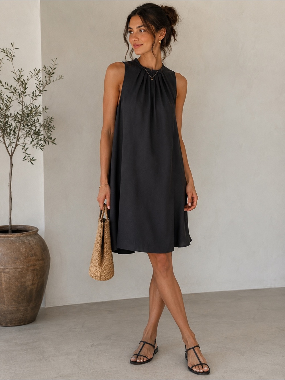 H&M Black High-Neck A-Line Shift Dress Size 6